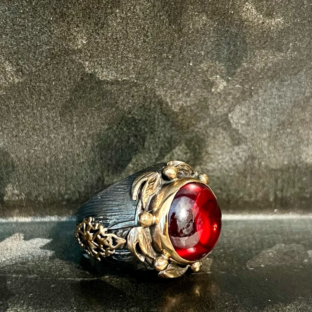 Antique Sterling Silver Bronze Brass Garnet Glass Cocktail LRG Ring Renaissance